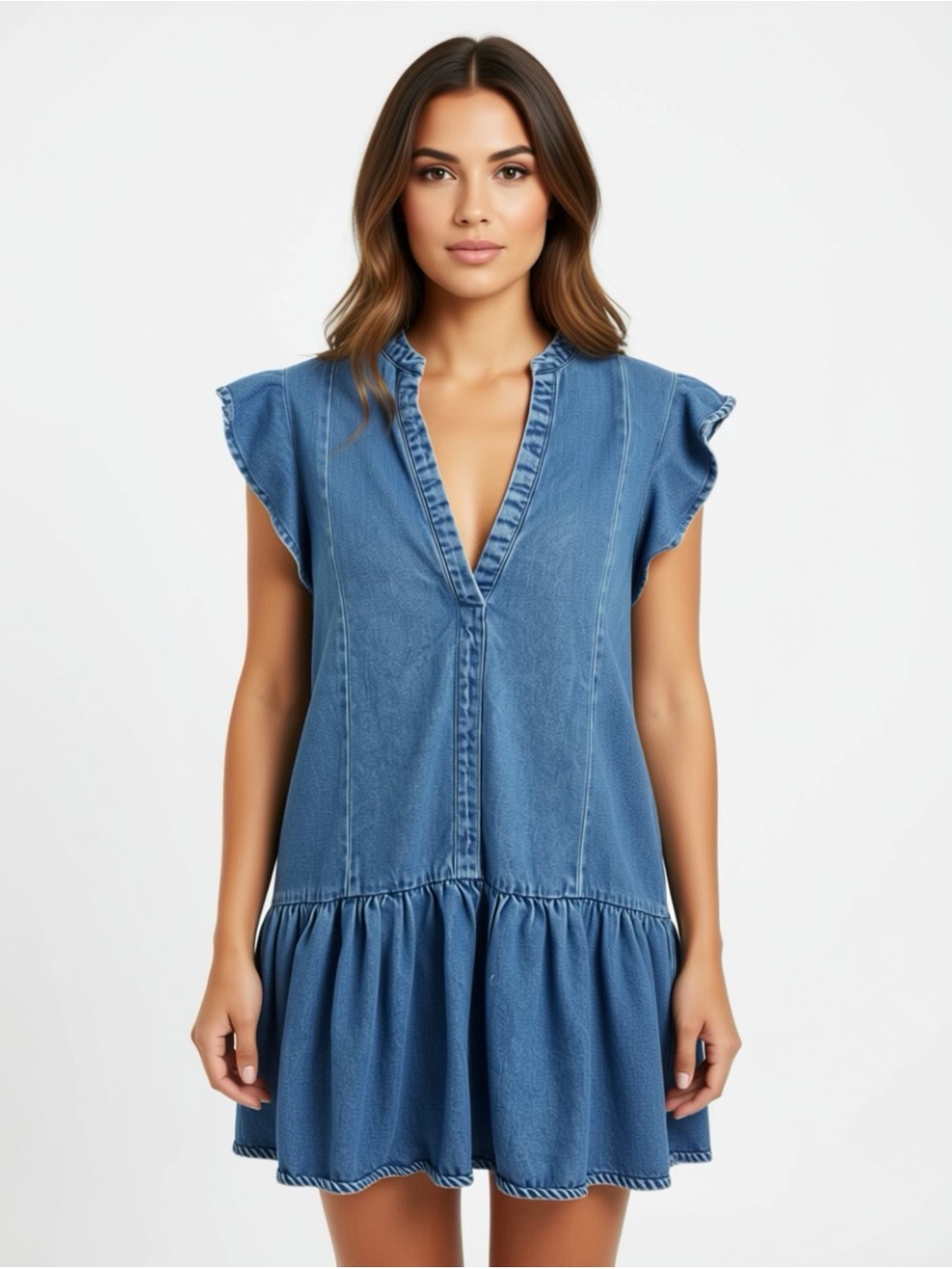 Forever 21 Blue Denim Ruffle-Trim Midi Dress